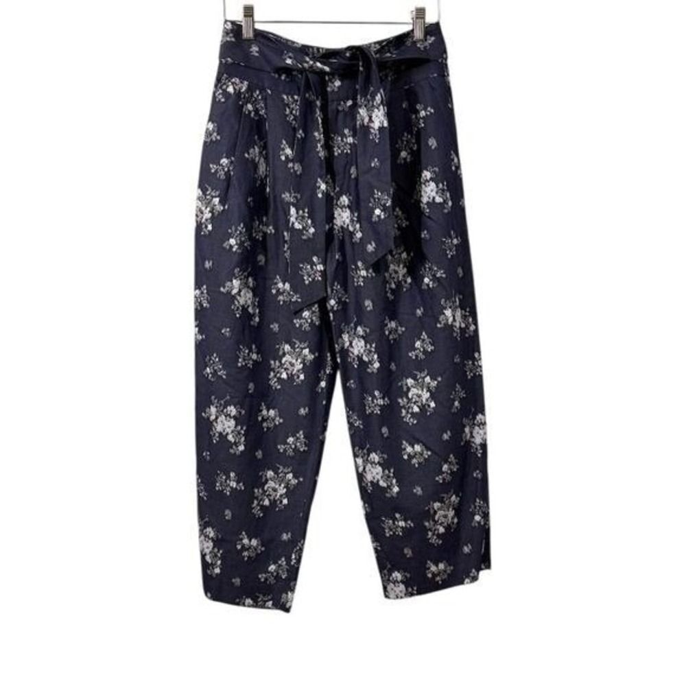 Club Monaco Womens Cropped Paperbag High Waist Pants Size 0 Navy Floral Pockets